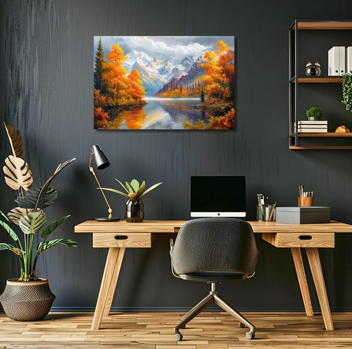 Autumn Mountain Lake Golden Trees Snowy Peaks Scenic View Poster - Image 2