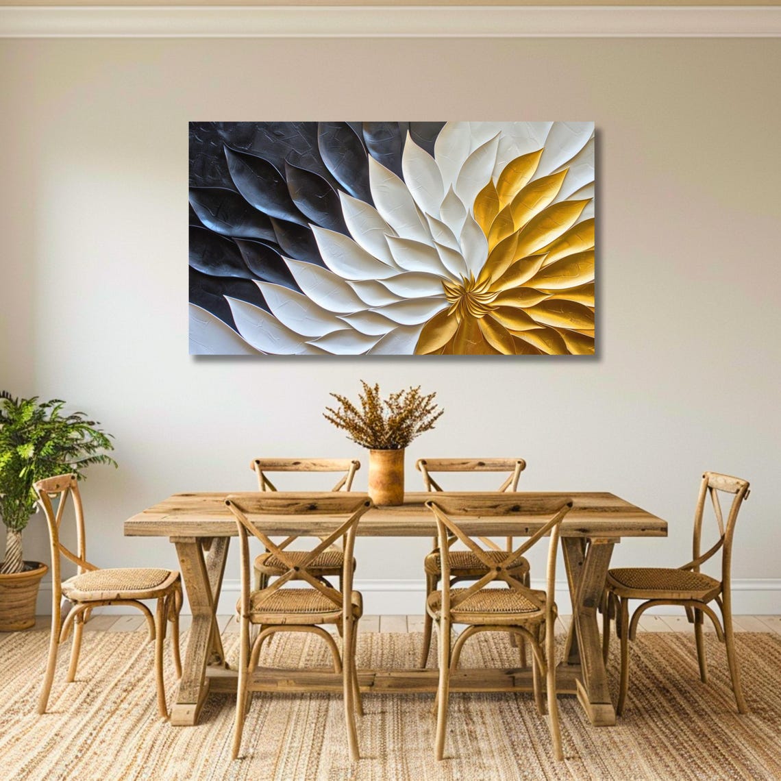 Black White Gold 3D Floral Abstract Textured Bloom Art Poster - Image 2
