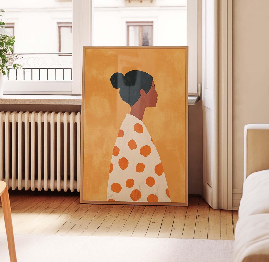 Woman Profile in White Polka Dot Dress Warm Orange Art Print