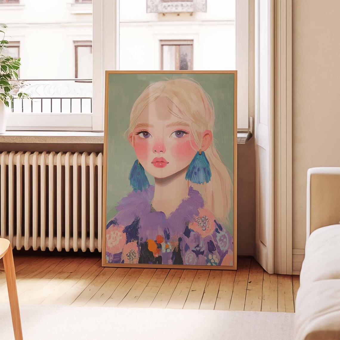 Maximalist Blonde Woman Portrait with Blue Tassel Earrings Print