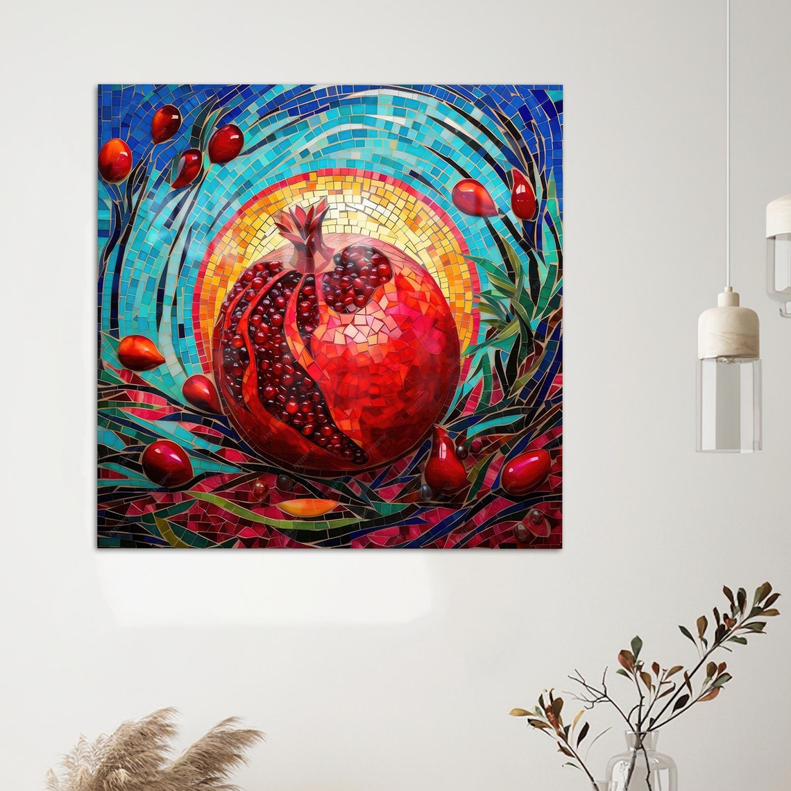 Pomegranate Mosaic Tile Art Vibrant Red Blue Modern Kitchen Poster
