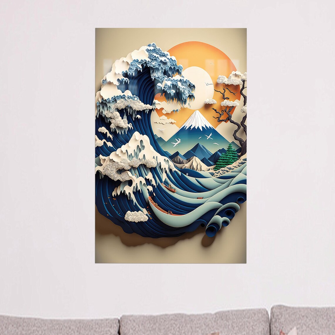 Paper Cut Great Wave Mt Fuji Orange Sunset Japanese 3D Layered Decor Poster