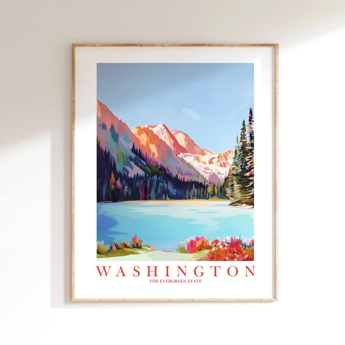 Washington State Alpine Lake and Peaks Vintage Travel Poster