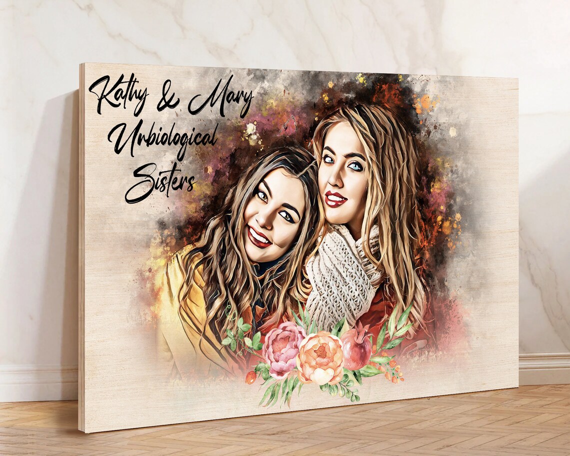 Amy and Lu Soul Sisters Since 2012 Watercolor Portrait Wood Poster - Image 3
