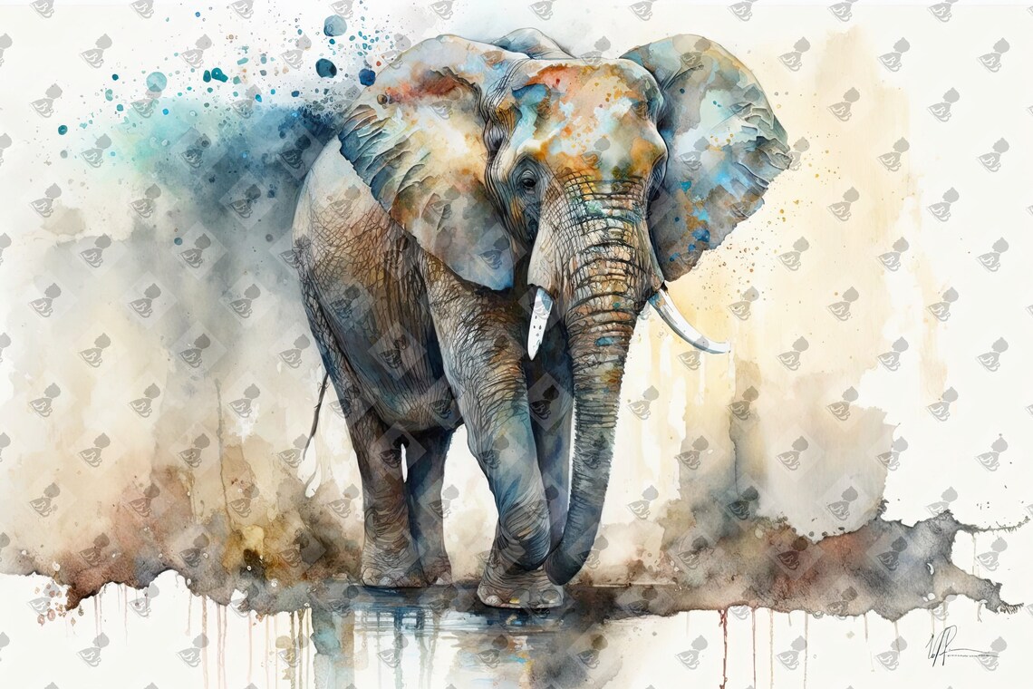 African Elephant Watercolor Walking Tusks Safari Wildlife Animal Wall Art Poster