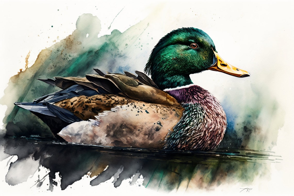 Mallard Drake Watercolor Dark Lake Reflection Wild Duck Poster