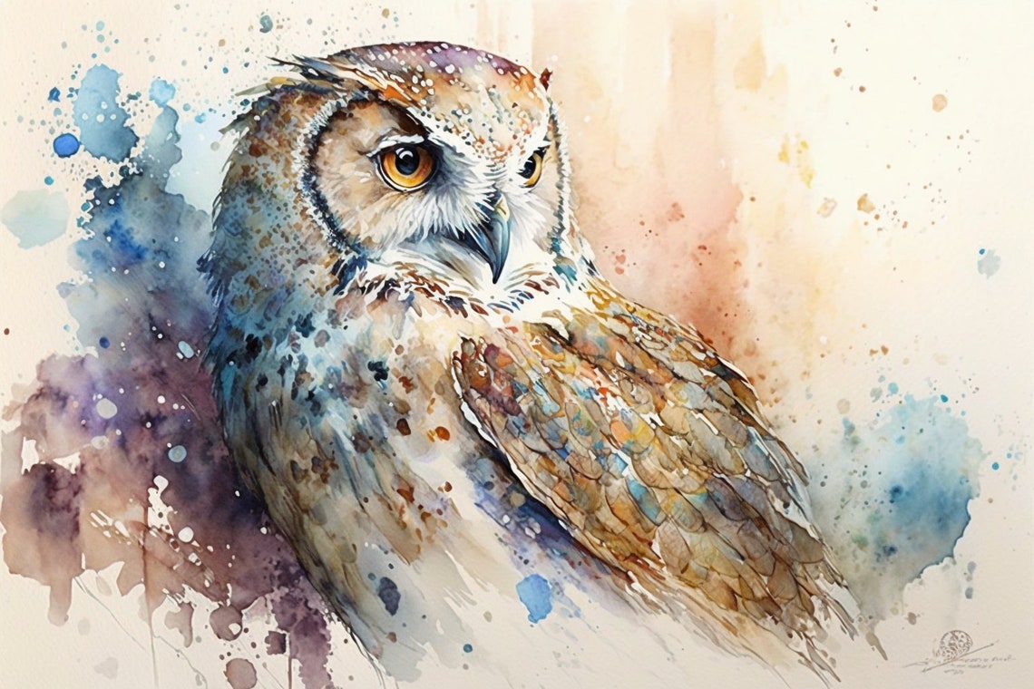 Owl Watercolor Golden Eyes Side Profile Splash Wildlife Wall Art