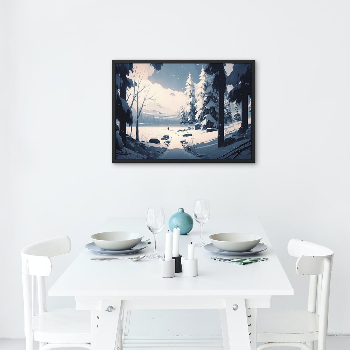 Snowy Pine Forest Lake Winter Landscape Serene Blue Tones Poster - Image 2