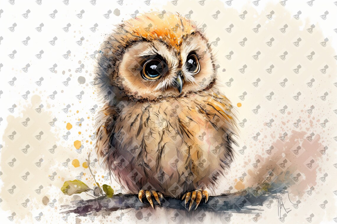 Tiny Baby Owl Perched Wide Eyed Warm Watercolor Nursery Poster