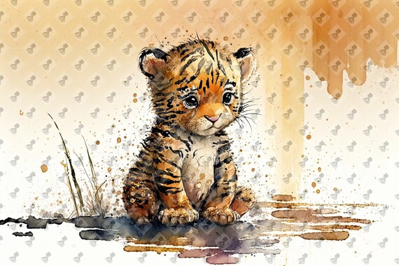 Adorable Baby Tiger Cub Big Eyed Watercolor Art Nursery Poster