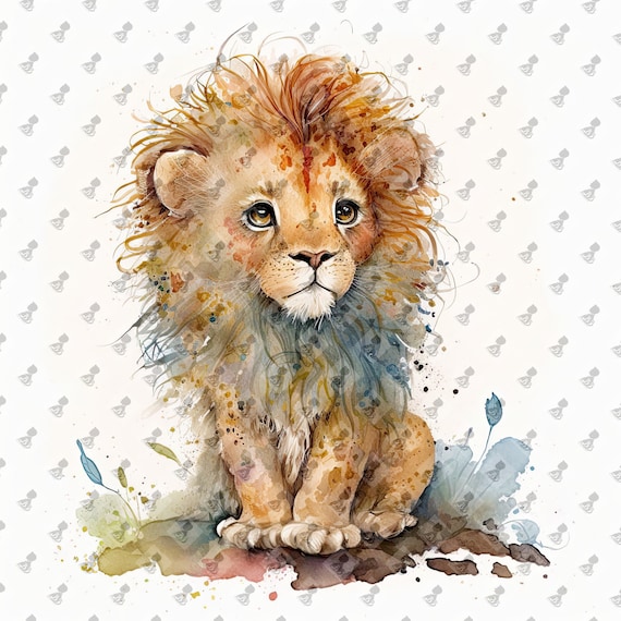 Cute Baby Lion Cub Colorful Mane Watercolor Nursery Art Poster