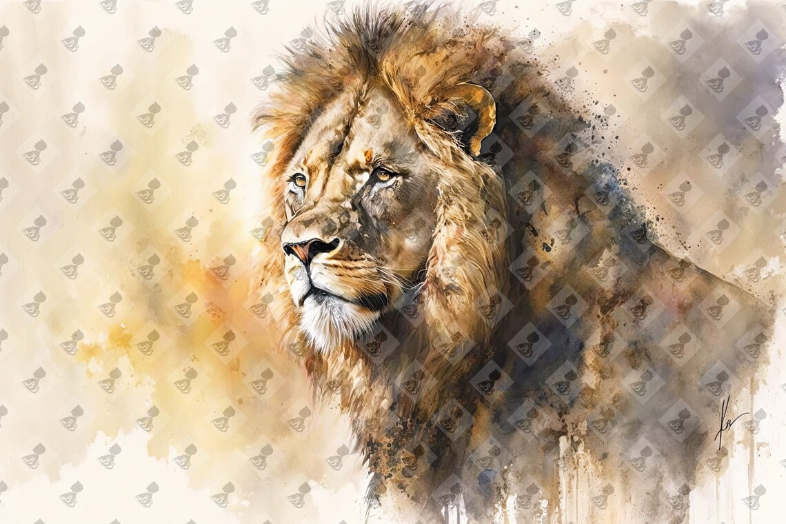 Lion Watercolor Majestic Male Mane Golden Savannah Wildlife Wall Art