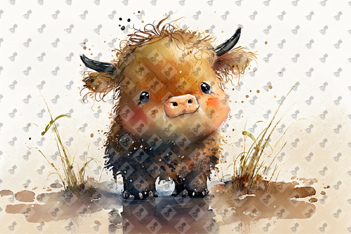 Cute Baby Ox Calf Watercolor Horns Nursery Farm Animal Art Poster