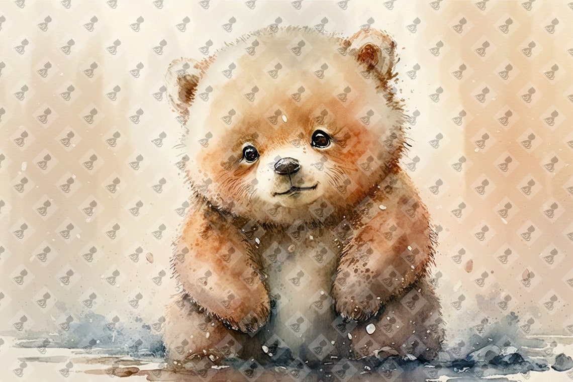 Baby Bear Cub Watercolor Fluffy Cute Nursery Animal Wall Art Poster