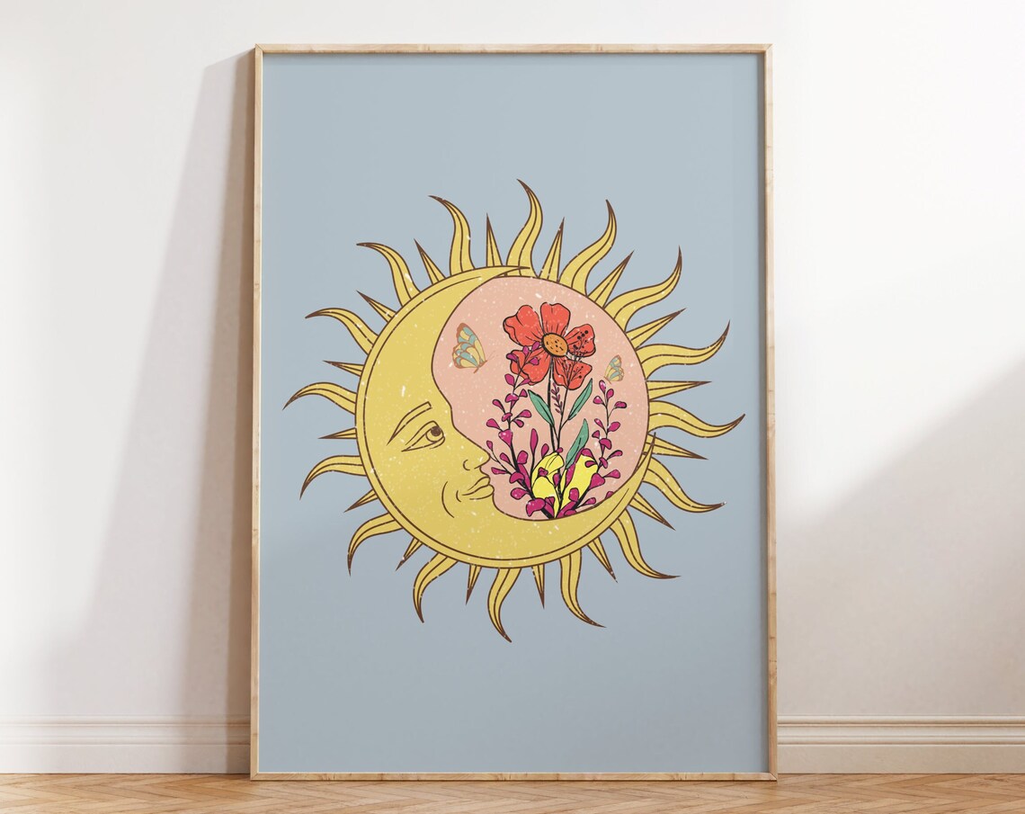 Celestial Sun Moon Retro Groovy Wall Art Print