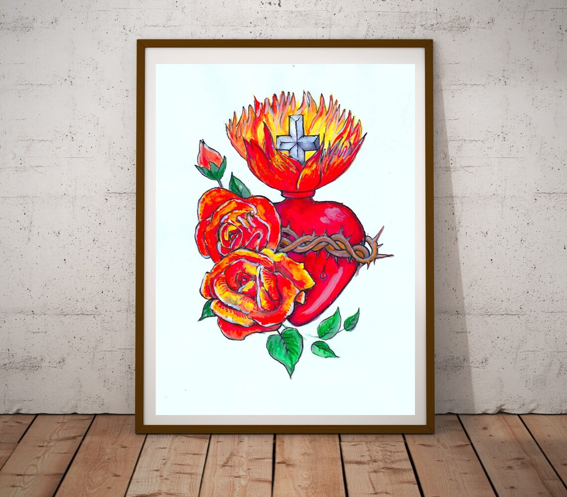 Immaculate Heart With Roses Catholic Watercolor Faith Poster
