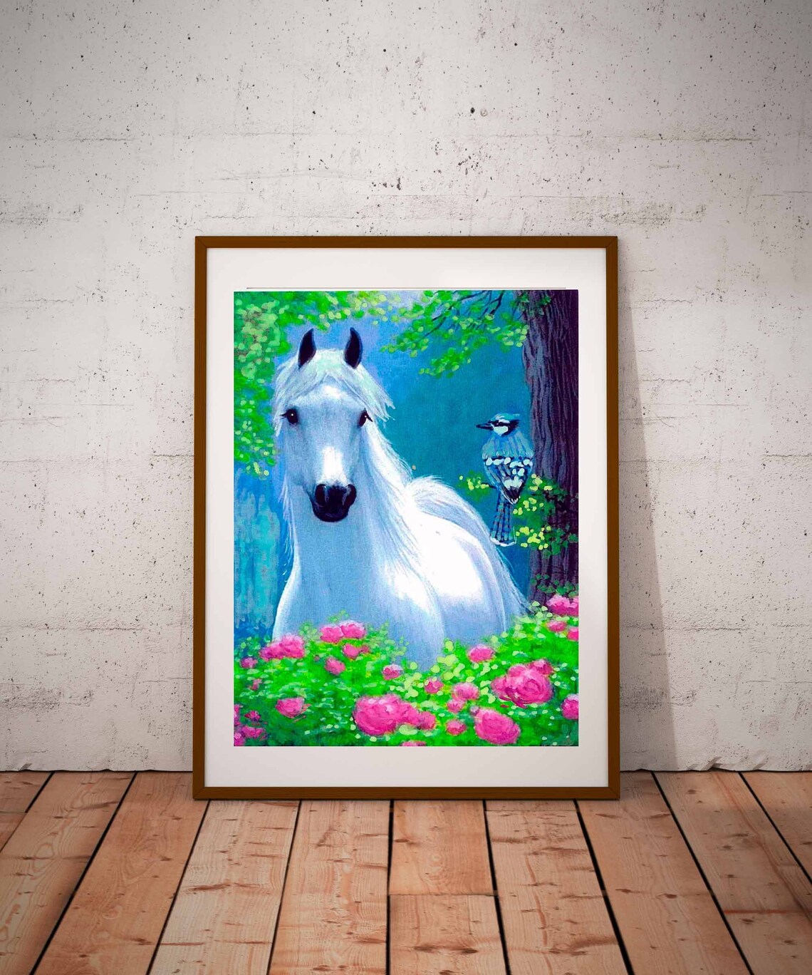 White Horse Among Pink Roses Blue Jay Bird Colorful Wall Art