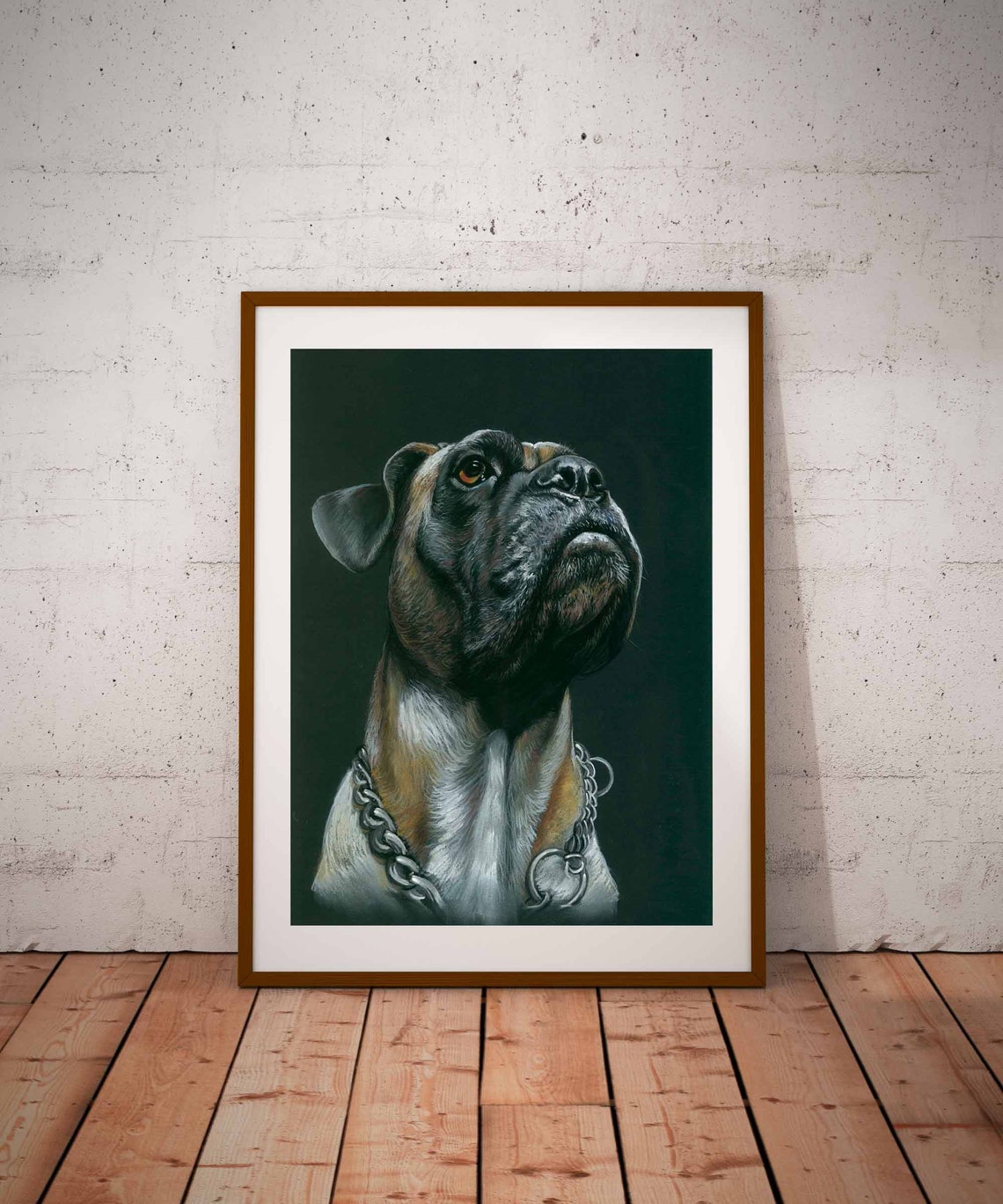 Boxer Dog Portrait Dark Background Chain Collar Pastel Wall Art