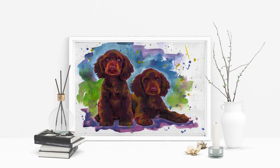 Two Brown Spaniel Puppies Colorful Splash Watercolor Art Poster