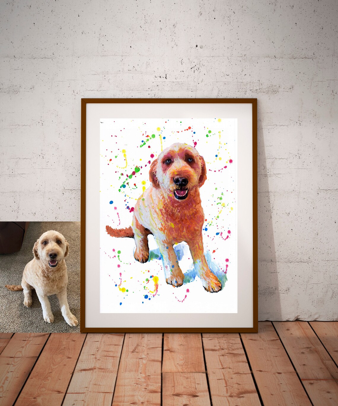 Custom Cream Doodle Dog Watercolor Pet Portrait Splash Poster
