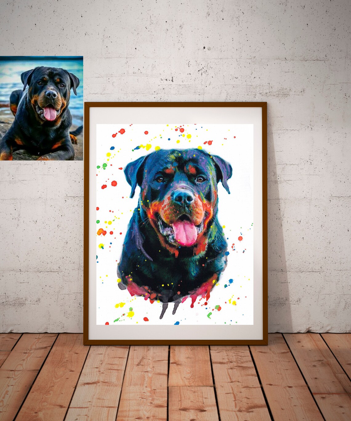 Custom Rottweiler Portrait Colorful Watercolor Splash Art Poster
