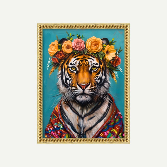 Eclectic Tiger Print Funky Floral Poster Maximalist Animal Art