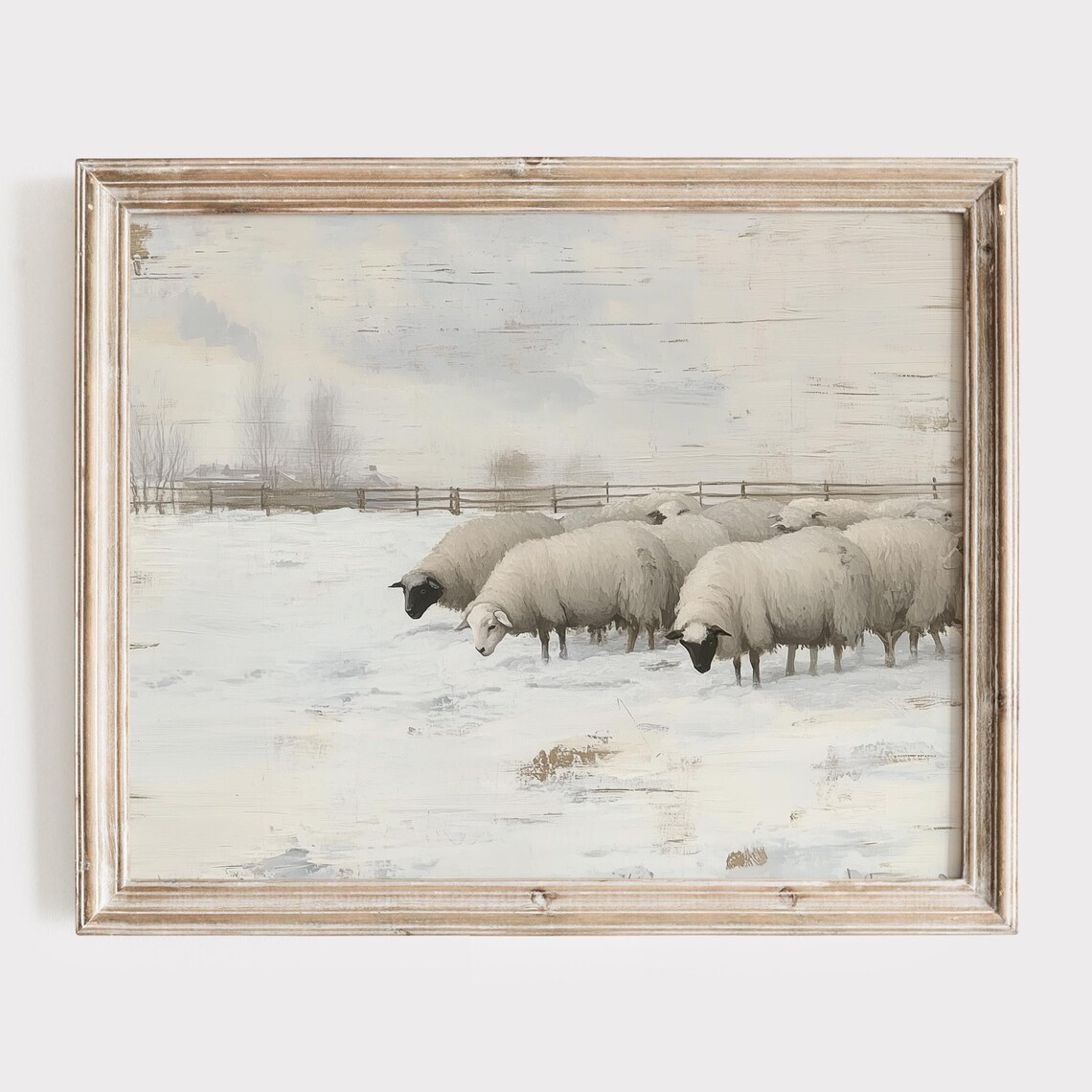 Flock of Sheep Grazing in Snowy Field Winter Painting Poster