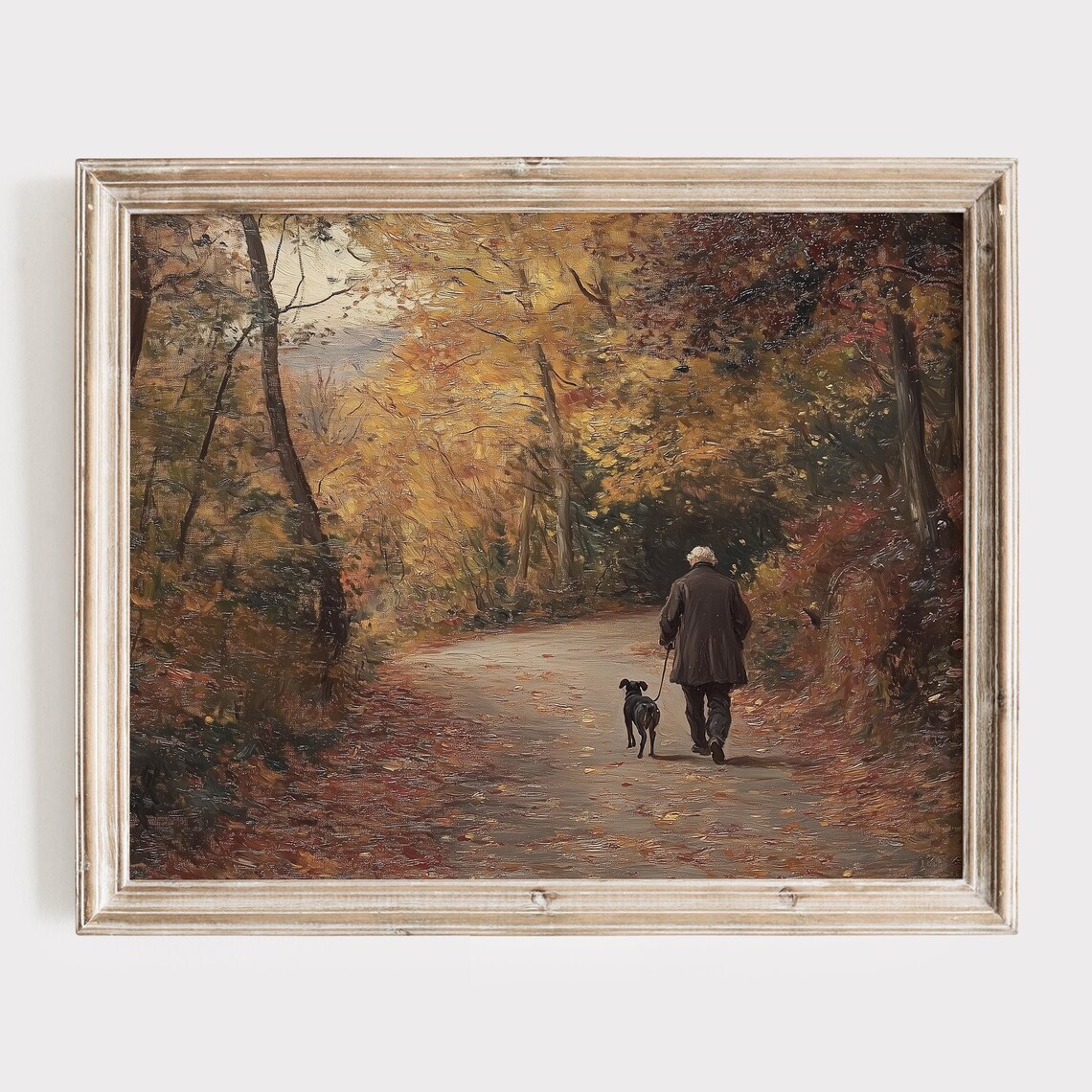 Old Man Walking His Dog Down an Autumn Forest Road Painting Poster