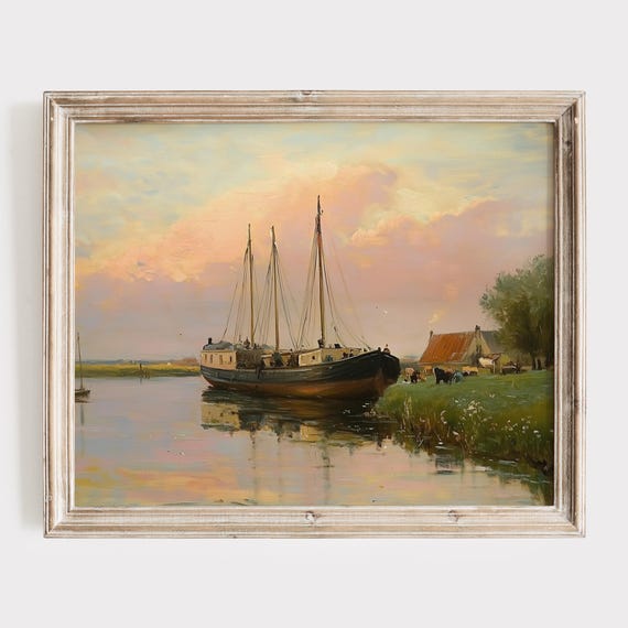 Vintage Sailboat Art Print Tranquil River Scene Nautical Wall Decor Sunset Harbor Painting Coastal Cottage Artwork Maritime Gift