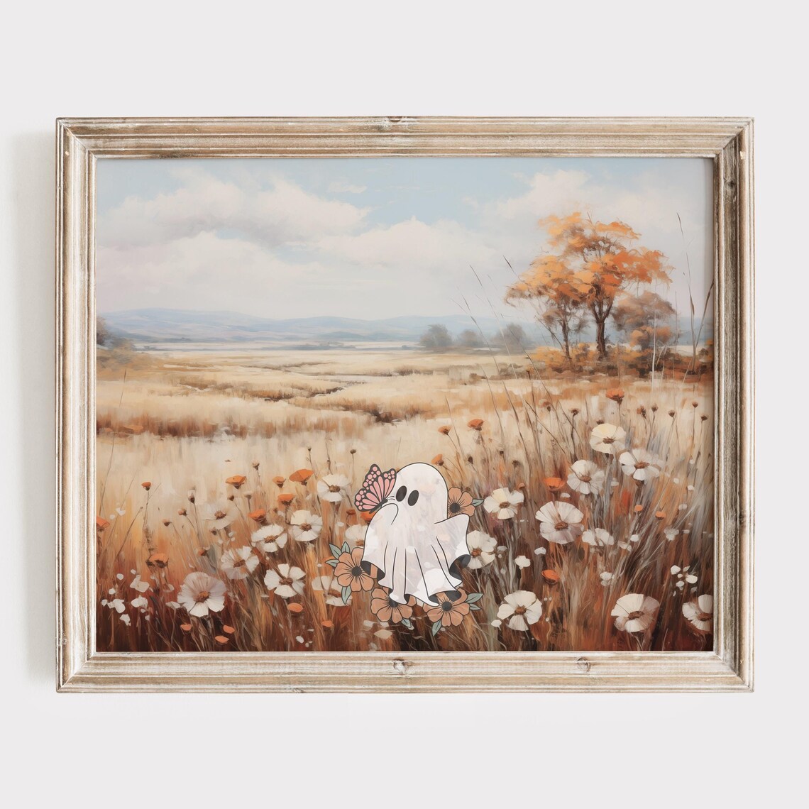 Cute Ghost In A Flower Meadow With A Butterfly Autumn Poster