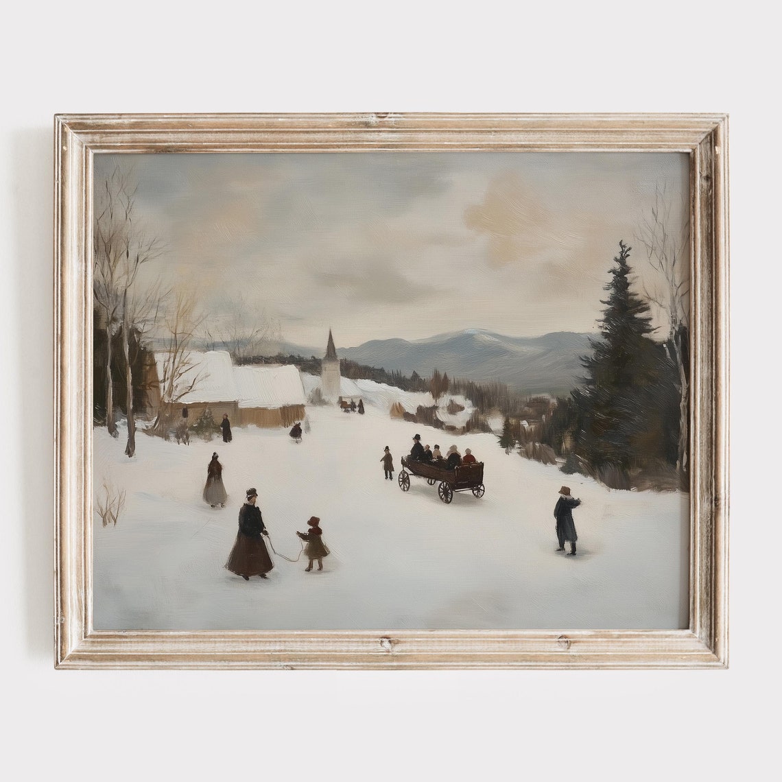 Vintage Winter Oil Painting Moody Winter Landscape Print Xmas Wall Art Snowy Farmhouse Christmas Painting Printed Or Art