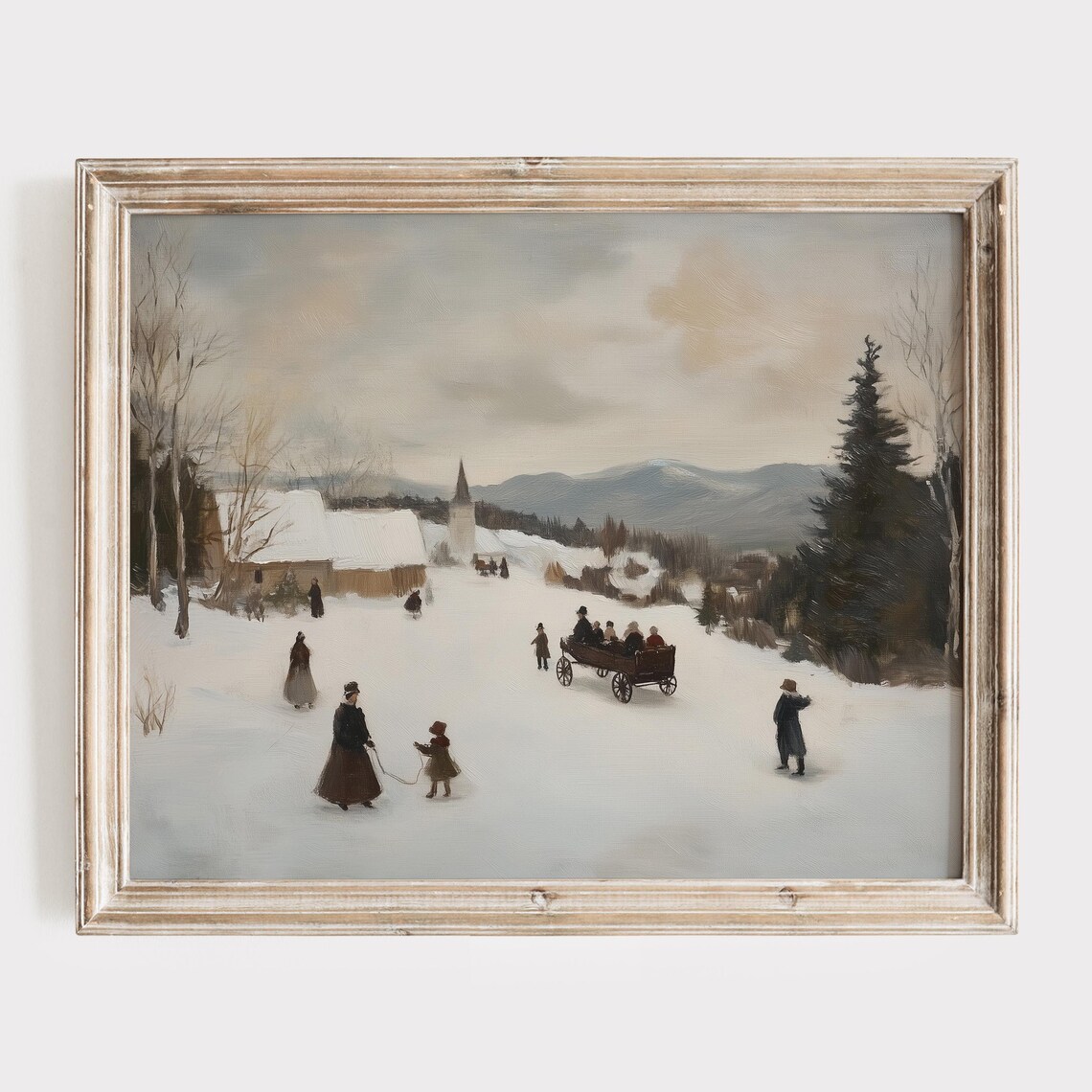 Winter Village Sleigh Ride with Church Mountains Vintage Poster