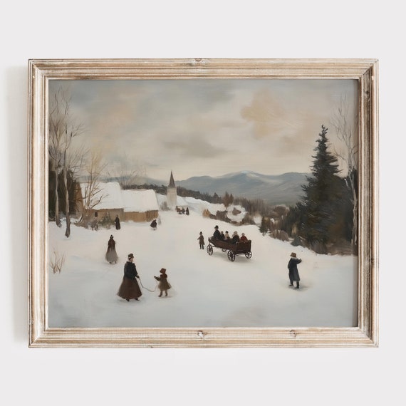 Vintage Winter Oil Painting Moody Winter Landscape Print Xmas Wall Art Snowy Farmhouse Christmas Painting Printed Or Art