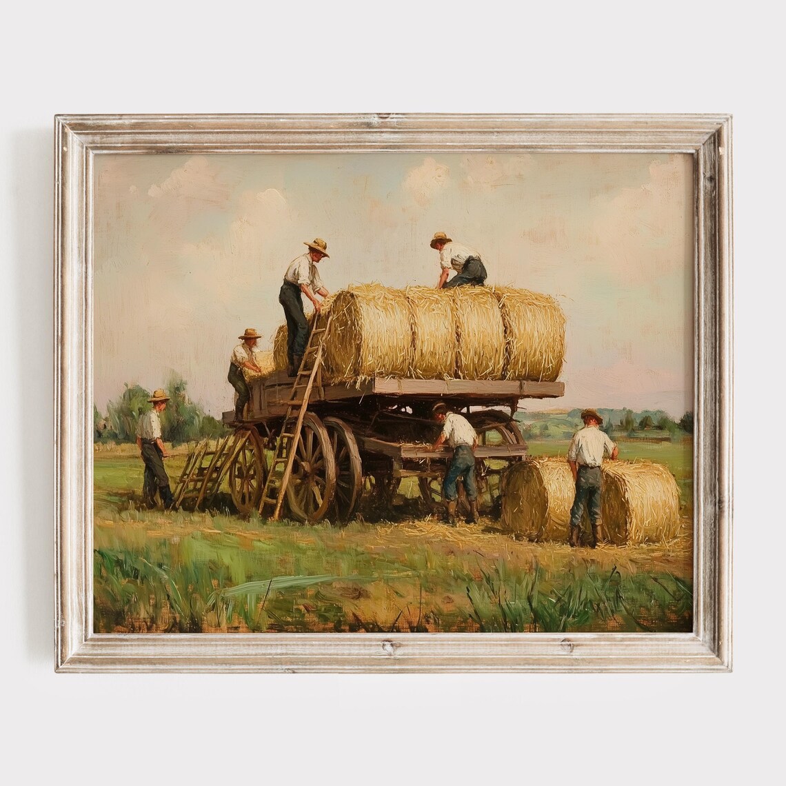 Vintage Hay Harvest Wagon in Golden Wheat Field Painting Poster