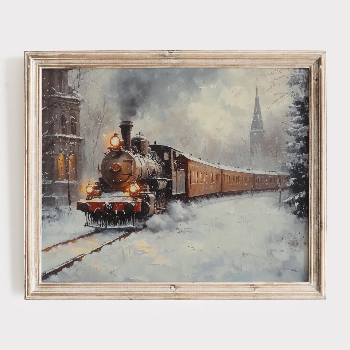 Vintage Steam Train Arriving at a Snowy Town at Dusk Poster Art