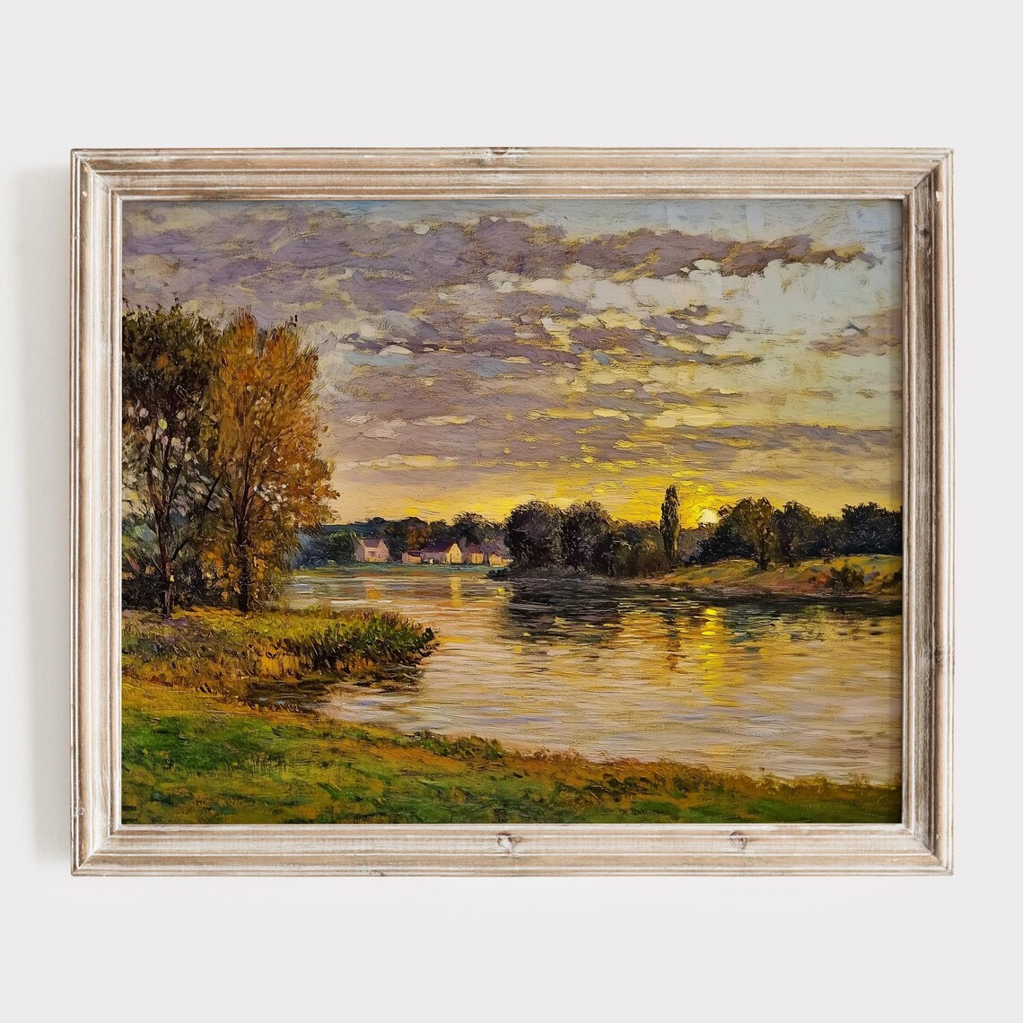 Impressionist Sunset Over A Lake Village Golden Landscape Poster