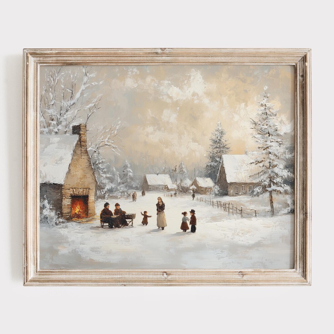 Vintage Snowy Village Gathering Cozy Winter Holiday Art Poster