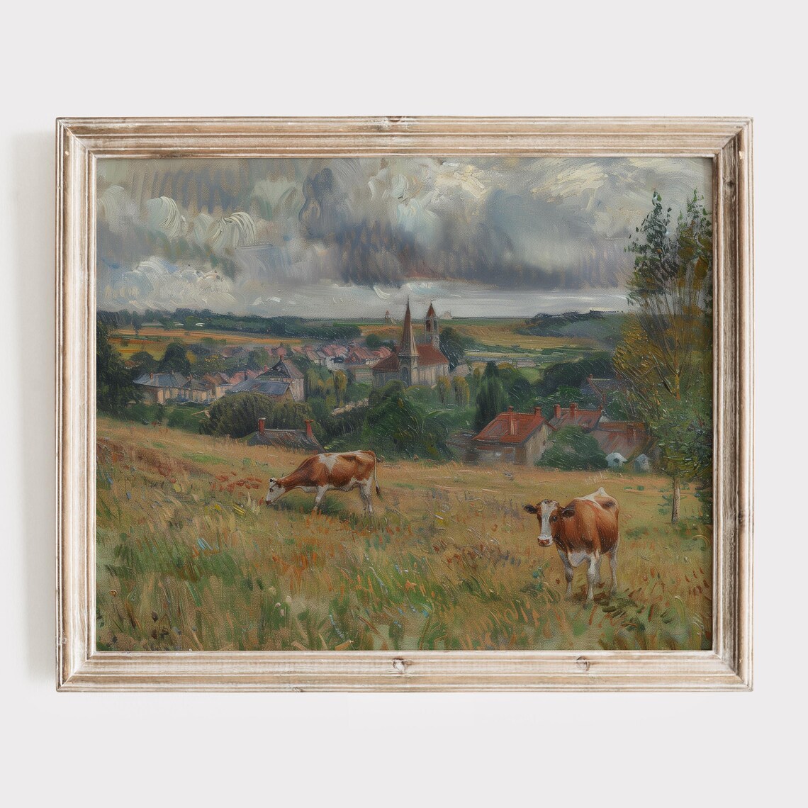 Cows Overlooking European Village Vintage Pastoral Art Poster