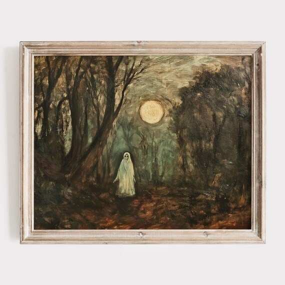 Pale Ghost in a Dark Forest Under a Glowing Full Moon Poster