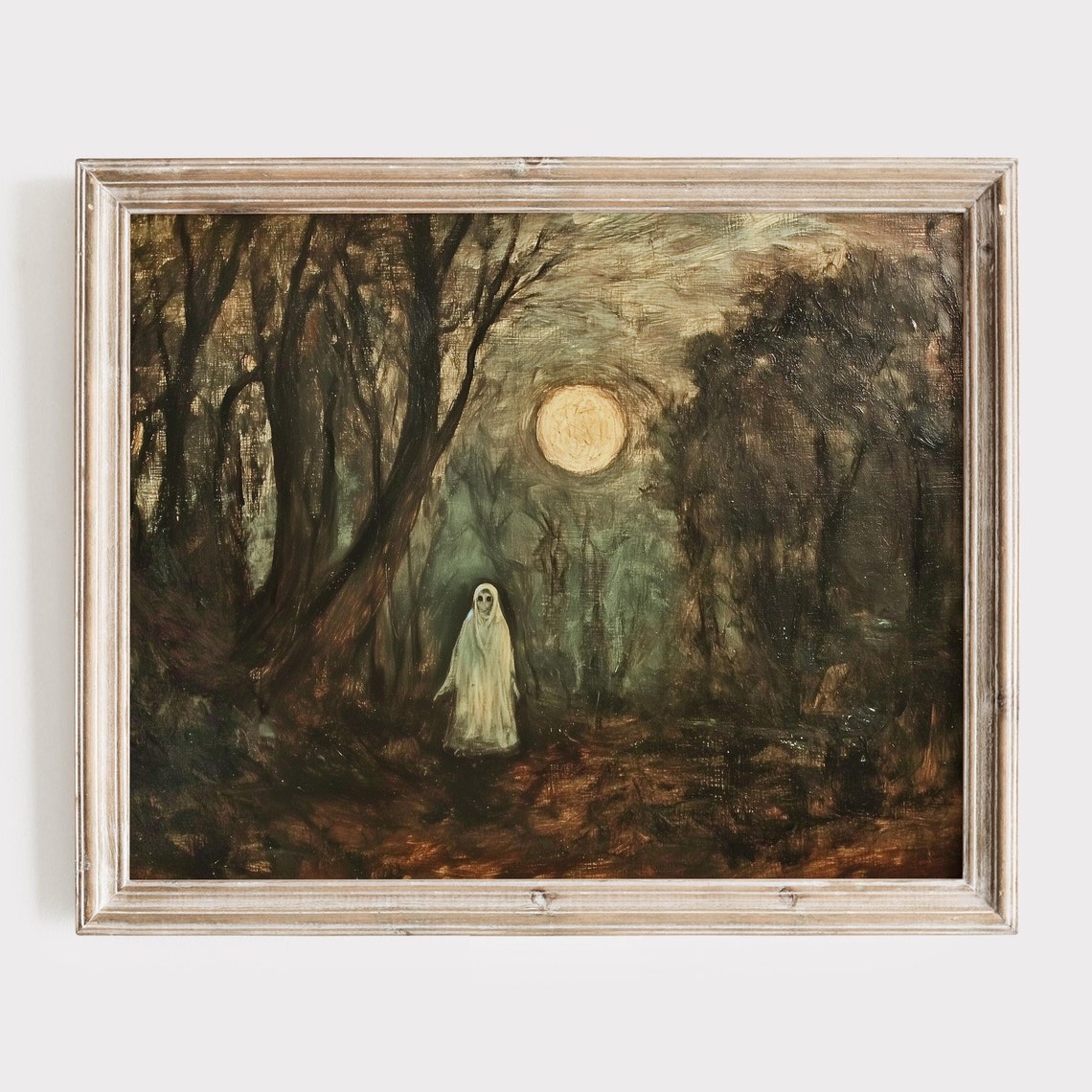 Pale Ghost in a Dark Forest Under a Glowing Full Moon Poster