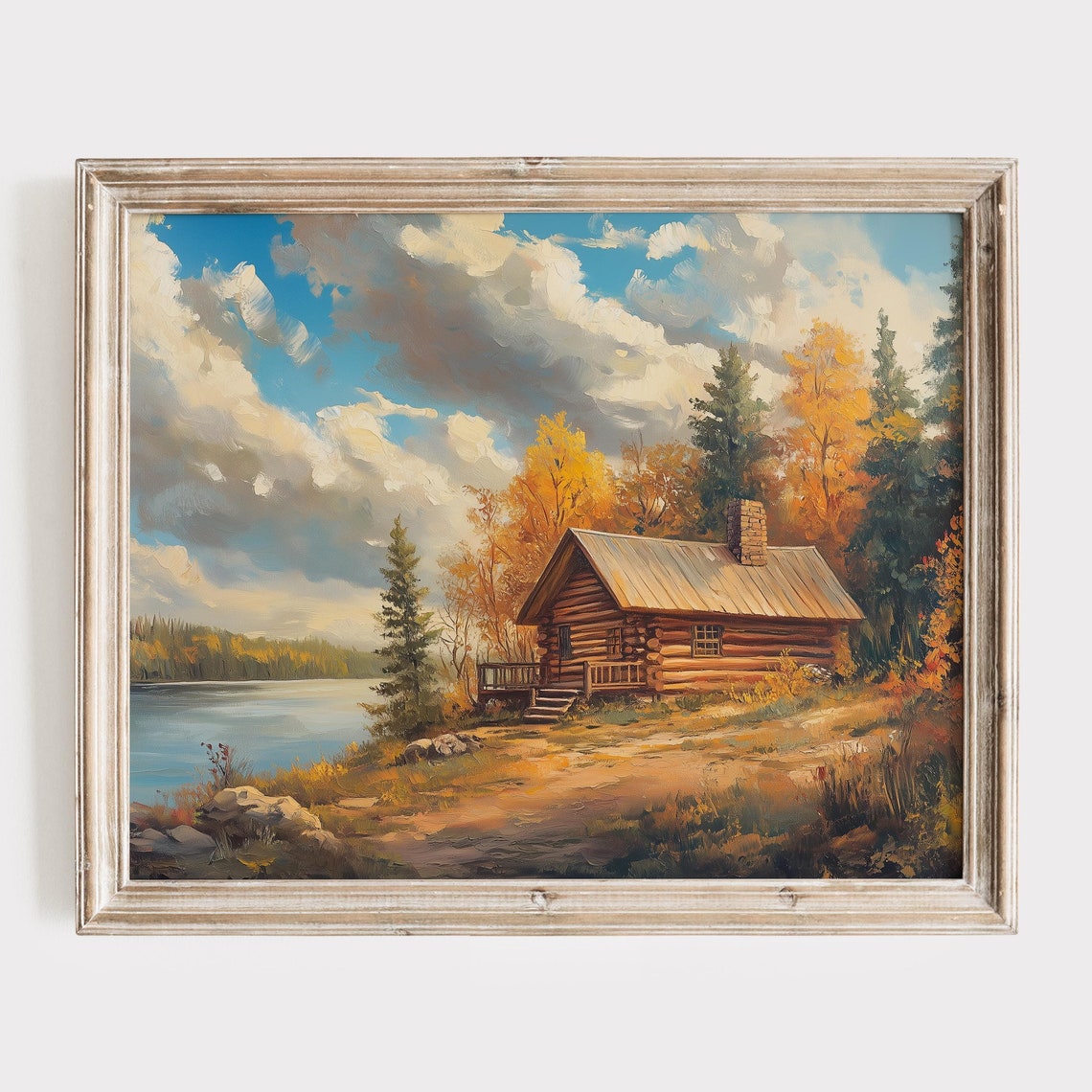 Log Cabin with Stone Chimney Among Glowing Autumn Trees Poster