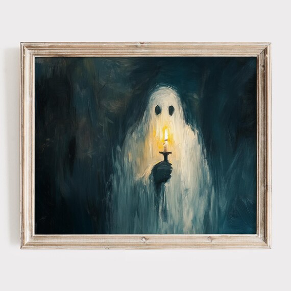 Cute Ghost Holding A Candle In A Dark Painterly Night Poster