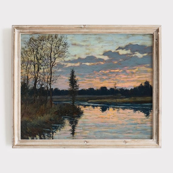 Vintage Rustic Sunset Landscape Painting Serene River Wall Art Nature Inspired Print Warm Toned Home Decor Country Style Art