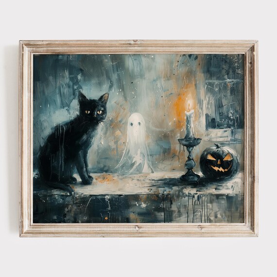 Black Cat And Ghost With A Candle And Jack-O-Lantern Halloween Poster