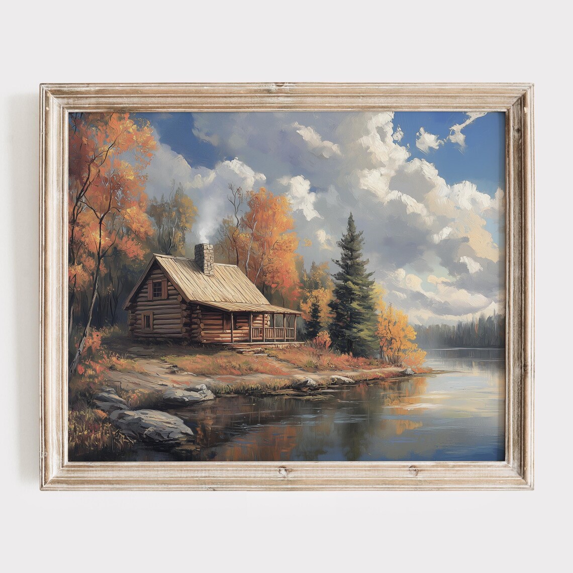 Log Cabin on Autumn Lake Shore with Pine Trees Painting Poster