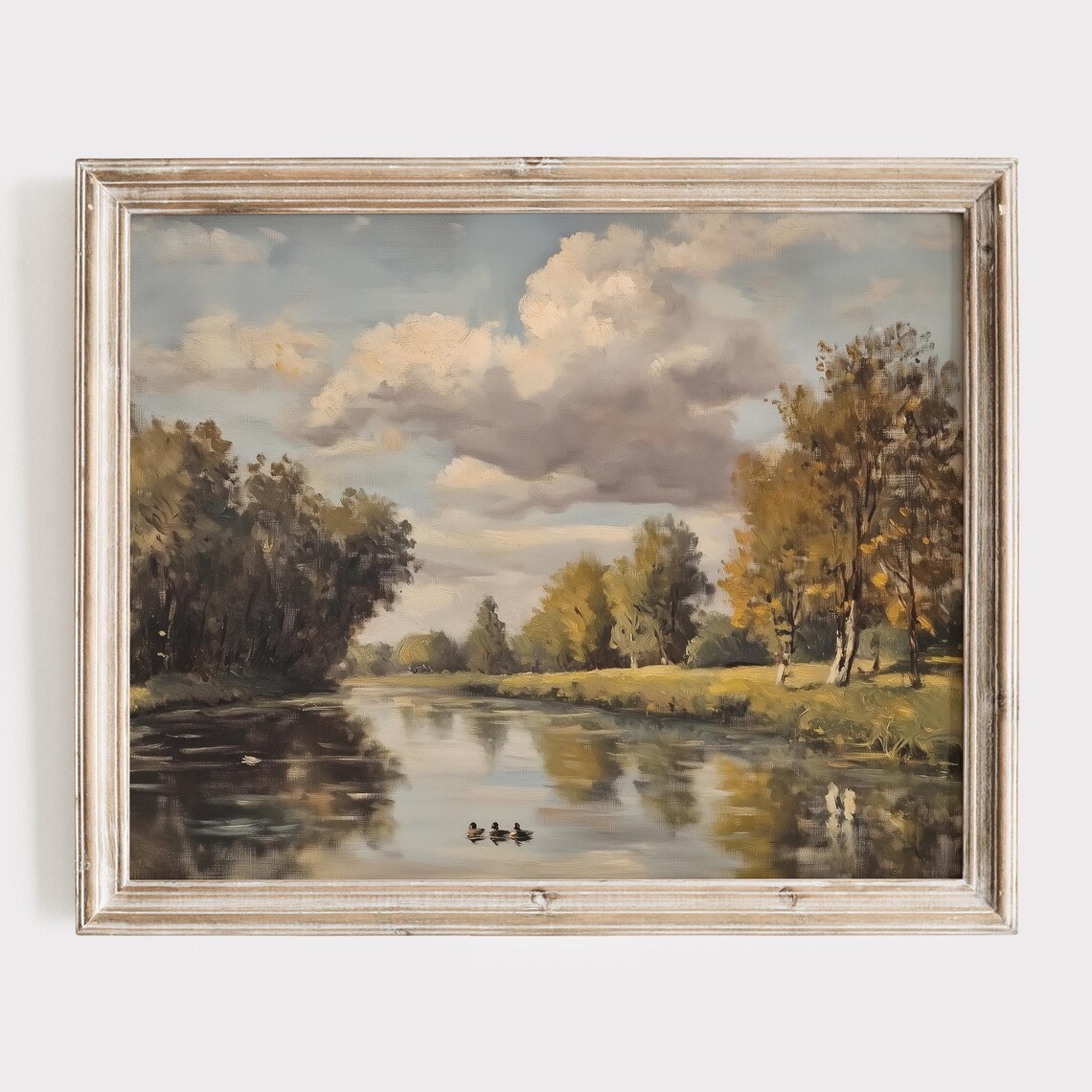 Ducks Gliding Across a Glassy Autumn River Landscape Painting Poster