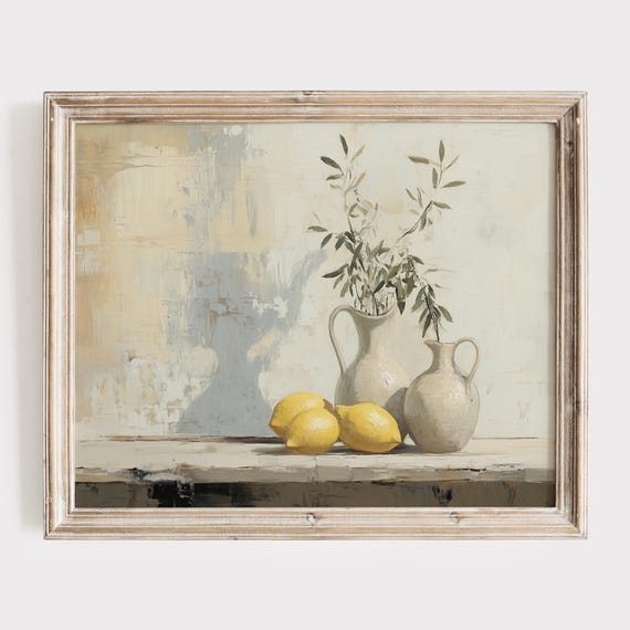Vintage Lemon And Olive Vase, Rustic Still Life