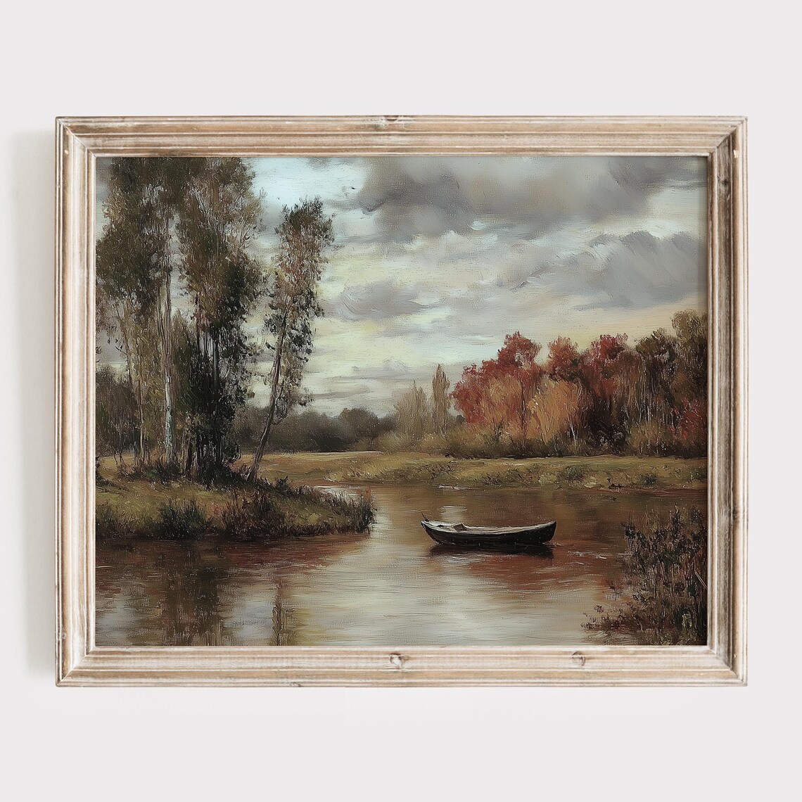 Lone Canoe Floating on a Calm Autumn Lake Beneath Tall Trees Poster