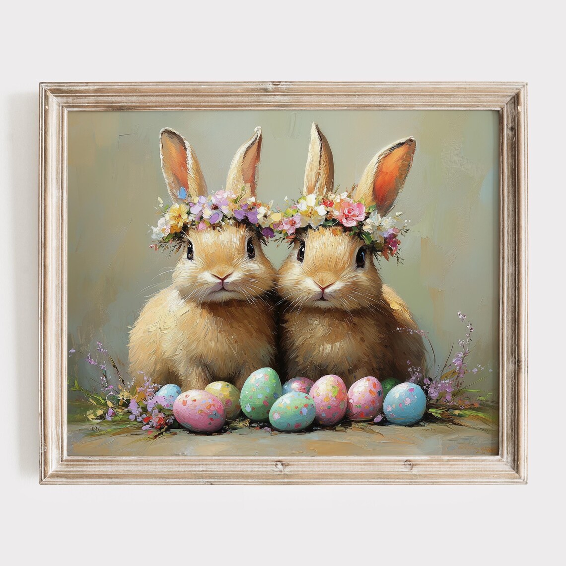 Two Cute Bunnies Wearing Flower Crowns Beside Easter Eggs Poster