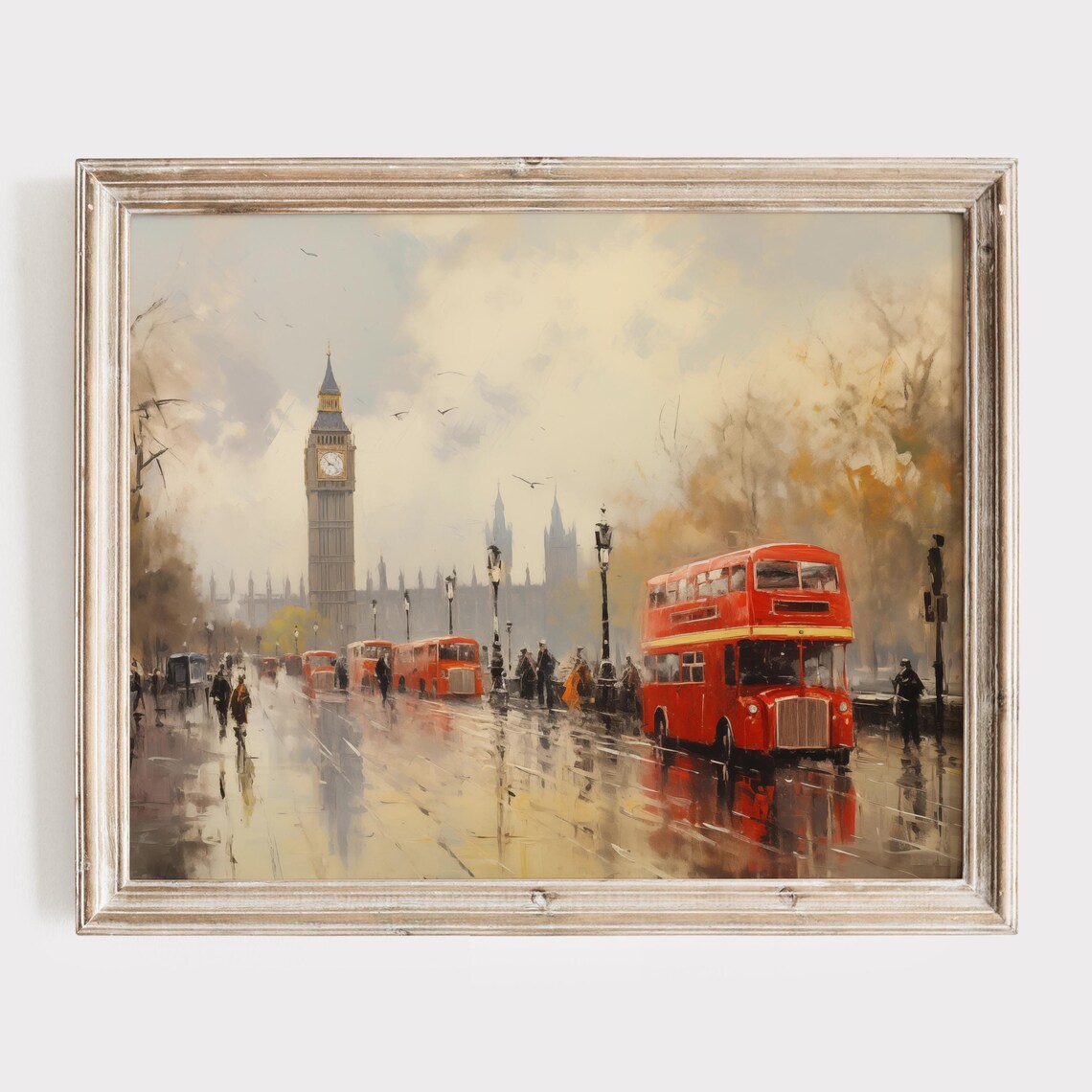 Rainy London Street with Big Ben and Red Bus Vintage City Poster